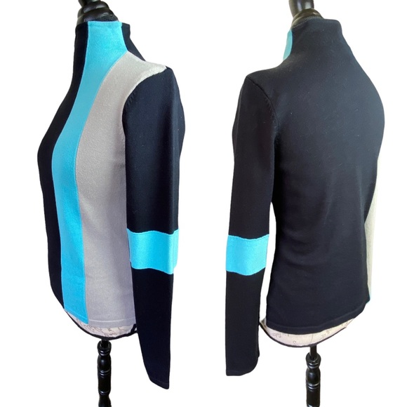 Spanner Retro Black Blue Color Block Tight Knit High Neck Long Sleeve Sweater S - Picture 7 of 16